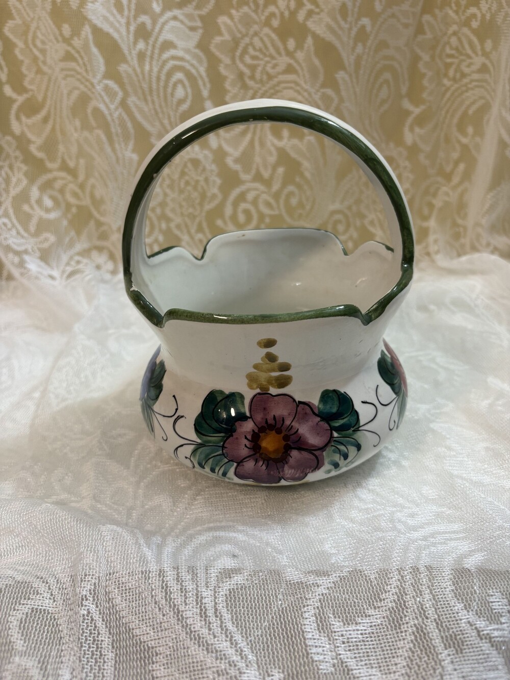 vintage hand-painted Italian ceramic majolica basket bowl Made in Italy